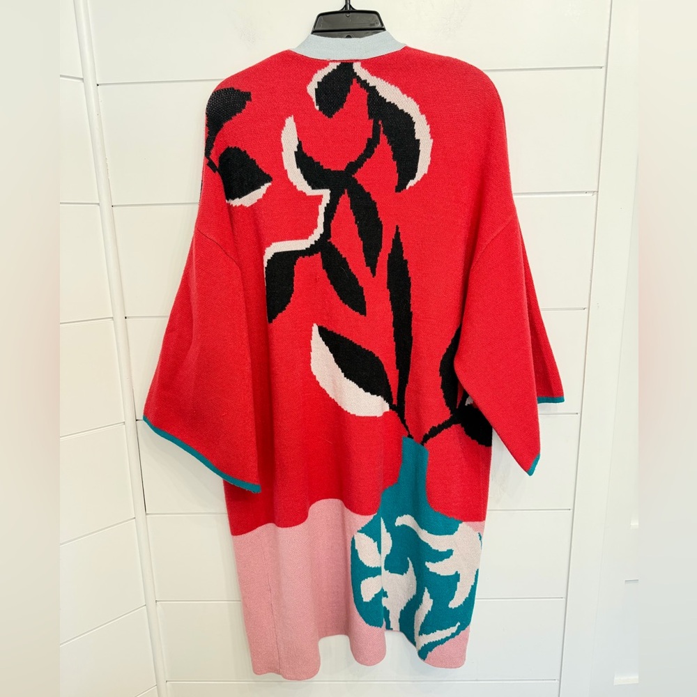 Anthropologie Red Pink Teal Floral Knit Open Cardigan